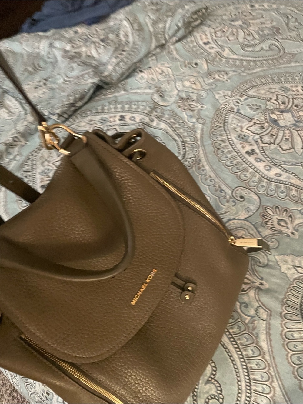 Michael Kors Olive Leather Drawstring Shoulder Bag with Gold Hardware